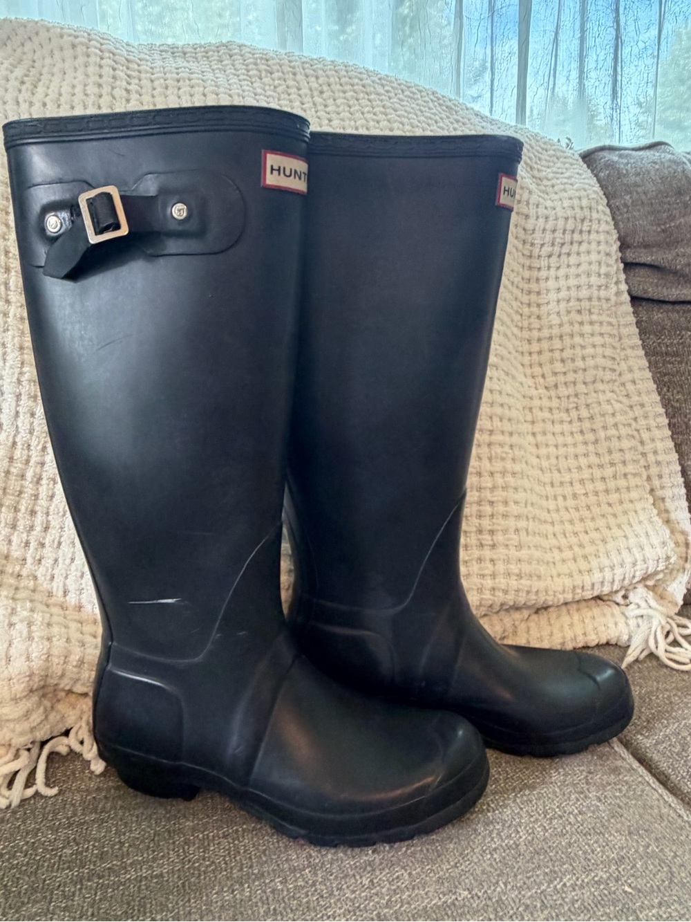 Hunter women’s Black Rubber Tall Rain Boots with Side Buckle